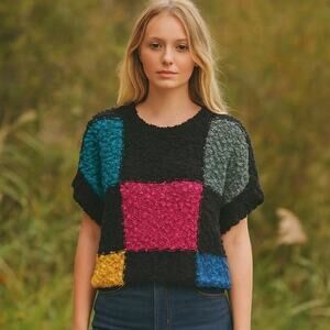 Vintage 80s Popcorn Knit Colorblock Sweater Retro Textured Top Boho Pullover L